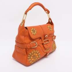 Pre Owned Jimmy Choo Orange Embroidered Leather Tulita Top Handle Bag