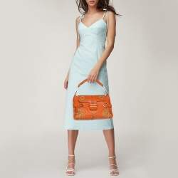 Pre Owned Jimmy Choo Orange Embroidered Leather Tulita Top Handle Bag