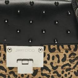 Pre Owned Jimmy Choo Black/Beige Leopard Print Cork and Leather Rebel Embellished Crossbody Bag
