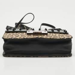 Pre Owned Jimmy Choo Black/Beige Leopard Print Cork and Leather Rebel Embellished Crossbody Bag
