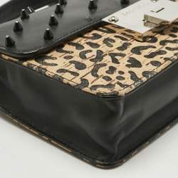 Pre Owned Jimmy Choo Black/Beige Leopard Print Cork and Leather Rebel Embellished Crossbody Bag