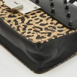 Pre Owned Jimmy Choo Black/Beige Leopard Print Cork and Leather Rebel Embellished Crossbody Bag