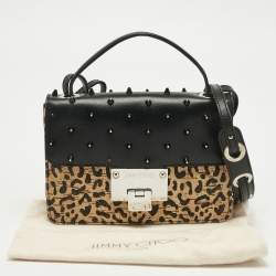 Pre Owned Jimmy Choo Black/Beige Leopard Print Cork and Leather Rebel Embellished Crossbody Bag