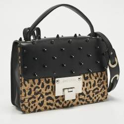 Pre Owned Jimmy Choo Black/Beige Leopard Print Cork and Leather Rebel Embellished Crossbody Bag