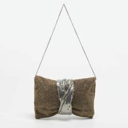Pre Owned Jimmy Choo Gold/Silver Lurex Fabric and Chainmail Chandra Chain Clutch