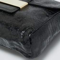 Pre Owned Jimmy Choo Black Lizard Embossed Glossy Leather Carolina Clutch