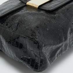 Pre Owned Jimmy Choo Black Lizard Embossed Glossy Leather Carolina Clutch