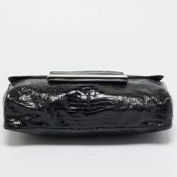 Pre Owned Jimmy Choo Black Lizard Embossed Glossy Leather Carolina Clutch