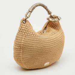 Pre Owned Jimmy Choo Beige/Black Raffia and Snakeskin Trim Sky Hobo