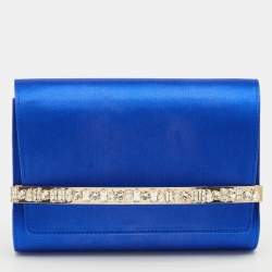 Pre Owned Jimmy Choo Blue Satin Crystals Embellished Flap Clutch