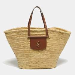 Pre Owned Jimmy Choo Brown/Natural Leaf Raffia Macy Tote