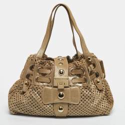 Pre Owned Jimmy Choo Gold Shimmer Perforated Suede Riki Tote