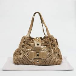 Pre Owned Jimmy Choo Gold Shimmer Perforated Suede Riki Tote