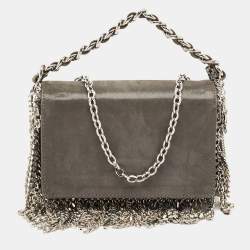 Pre Owned Jimmy Choo Grey Shimmer Suede Chain Embellished Fringe Shoulder Bag