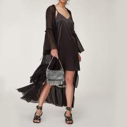 Pre Owned Jimmy Choo Grey Shimmer Suede Chain Embellished Fringe Shoulder Bag