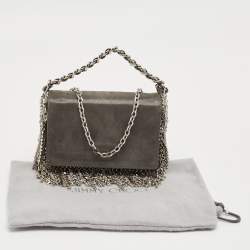 Pre Owned Jimmy Choo Grey Shimmer Suede Chain Embellished Fringe Shoulder Bag