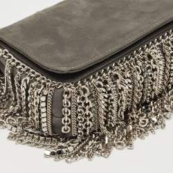 Pre Owned Jimmy Choo Grey Shimmer Suede Chain Embellished Fringe Shoulder Bag