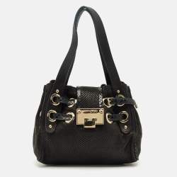 Pre Owned Jimmy Choo Black Snakeskin Embossed Leather Mini Riki Tote