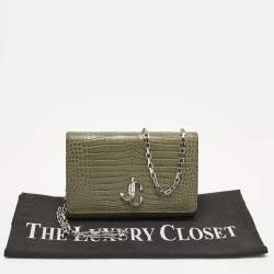 مملوكة مسبقًا Jimmy Choo Varenne Olive Green Croc Embossed Leather Chain Clutch