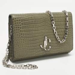 مملوكة مسبقًا Jimmy Choo Varenne Olive Green Croc Embossed Leather Chain Clutch