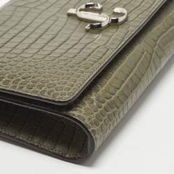 مملوكة مسبقًا Jimmy Choo Varenne Olive Green Croc Embossed Leather Chain Clutch