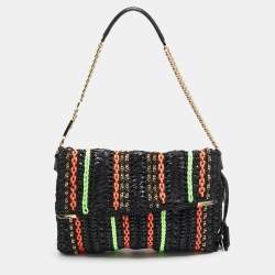 Pre Owned Jimmy Choo Black Woven Raffia and Snake Chain Shoulder Bag