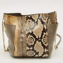 Pre Owned Jimmy Choo Side Pocket Beige/Cream Python and Leather Chain Shoulder Bag