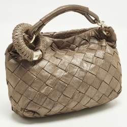 Pre Owned Jimmy Choo Sky Beige Shimmering Woven Suede Hobo