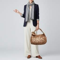 Pre Owned Jimmy Choo Sky Beige Shimmering Woven Suede Hobo