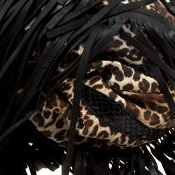 Jimmy Choo Black/Beige Leopard Print Leather and Snakeskin Fringe Drawstring Bag