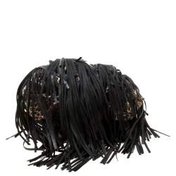 Jimmy Choo Black/Beige Leopard Print Leather and Snakeskin Fringe Drawstring Bag