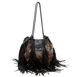 Jimmy Choo Black/Beige Leopard Print Leather and Snakeskin Fringe Drawstring Bag