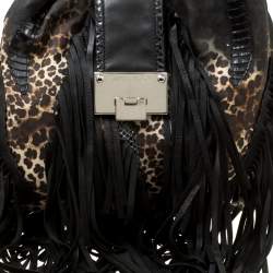 Jimmy Choo Black/Beige Leopard Print Leather and Snakeskin Fringe Drawstring Bag