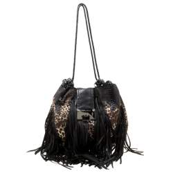 Jimmy Choo Black/Beige Leopard Print Leather and Snakeskin Fringe Drawstring Bag