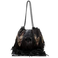 Jimmy Choo Black/Beige Leopard Print Leather and Snakeskin Fringe Drawstring Bag