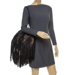 Jimmy Choo Black/Beige Leopard Print Leather and Snakeskin Fringe Drawstring Bag