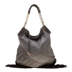 Jimmy Choo Grey/Black Leather and Python Trim Tatum Fringe Hobo