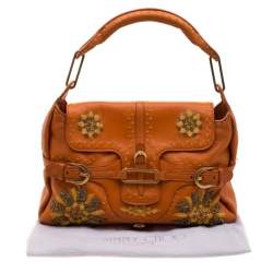 Jimmy Choo Orange Embroidered Leather Tulita Top Handle Bag