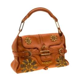 Jimmy Choo Orange Embroidered Leather Tulita Top Handle Bag