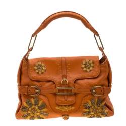 Jimmy Choo Orange Embroidered Leather Tulita Top Handle Bag