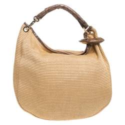 Jimmy Choo Tan Straw and Snake Skin Trim Handle Sky Hobo