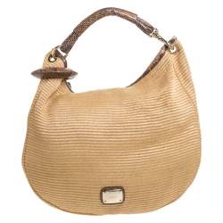 Jimmy Choo Tan Straw and Snake Skin Trim Handle Sky Hobo