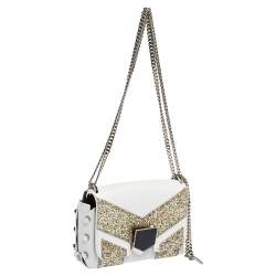 مملوكة مسبقًا Jimmy Choo White/Gold Leather and Glitters Lockett City Shoulder Bag