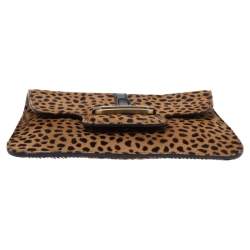 Pre Owned Jimmy Choo Beige/Black Leopard Print Calfhair and Leather Clutch
