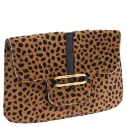 Pre Owned حقيبة كلتش جيمي تشو جلد و شعر عجل مطبوع نقشة الفهد أسود و بيج 