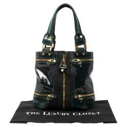 Pre Owned حقيبة جيمي تشو مونا جلد أخضر داكن لامع وسويدي صغيرة