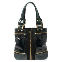 Pre Owned حقيبة جيمي تشو مونا جلد أخضر داكن لامع وسويدي صغيرة