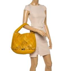 Pre Owned Jimmy Choo Mustard Leather Isola Fringe Studded Hobo