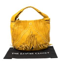 Pre Owned Jimmy Choo Mustard Leather Isola Fringe Studded Hobo