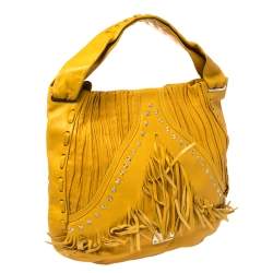 Pre Owned Jimmy Choo Mustard Leather Isola Fringe Studded Hobo